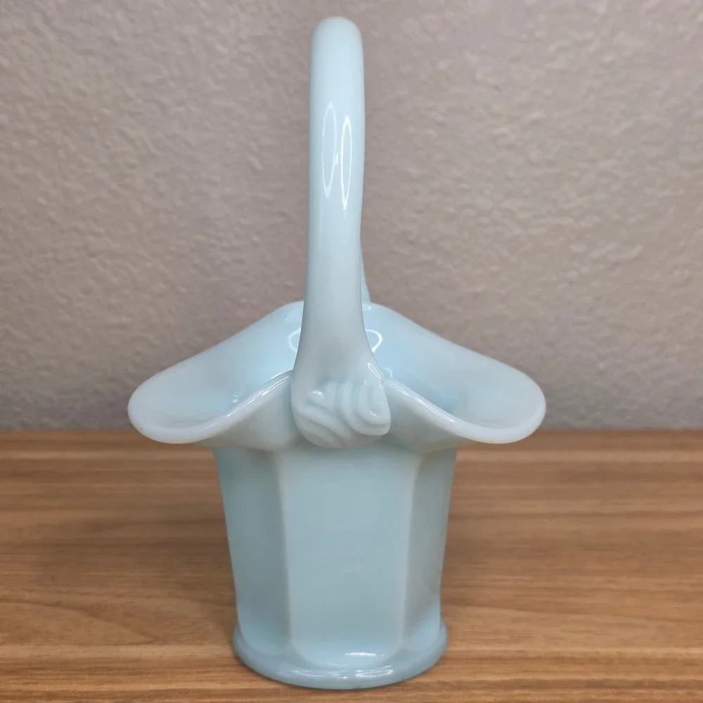 Vintage Fenton Pastel Blue Opaque Milk Glass Paneled Art Glass Basket 7